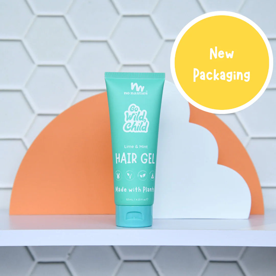 Turquoise hair gel tube with &#39;Go Wild Child&#39; branding on a geometric background