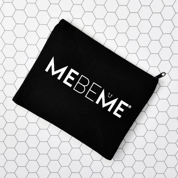 Black pouch with &#39;MEBEME&#39; branding on a white hexagonal patterned background